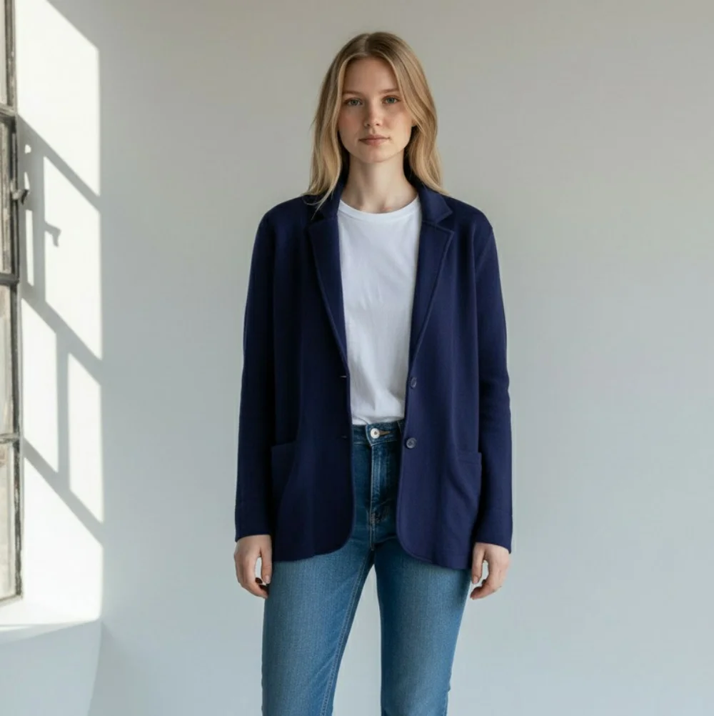 J. Crew Navy Blue Double Button Knit Sweater Blazer, Size S, Style G9309